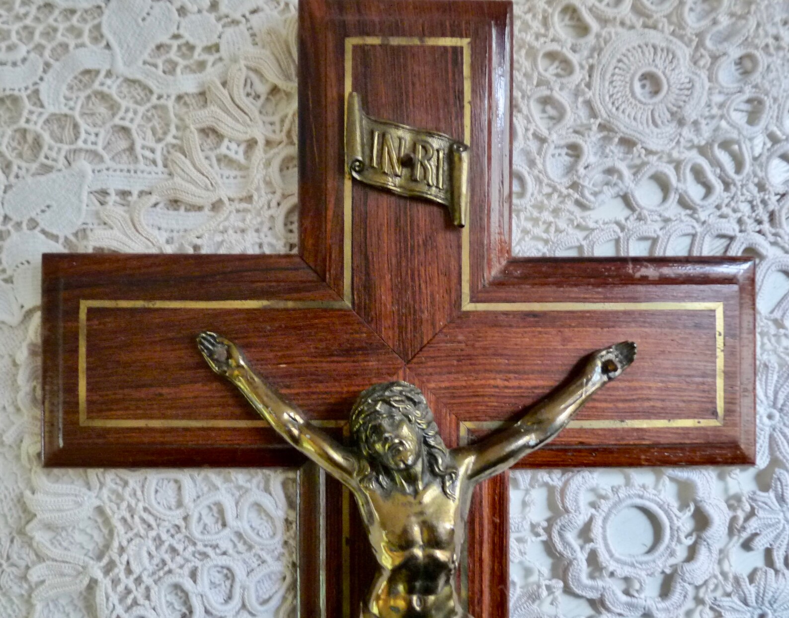 Wood Crucifix with Brass Inlay and Bronze Christ Inri. Large Etsy