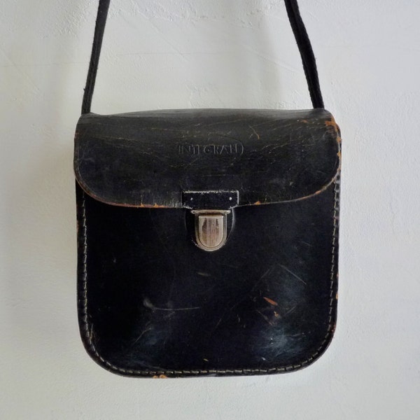 Vintage BLACK LEATHER SATCHEL, Thick and Sturdy Leather Bag with Cotton Strap.