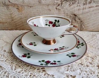 No 2: Vintage German Tea Trio. Tea Cup - Saucer - Cake Plate. White Porcelain with Red Roses Pattern and Gold Rims. Stamped Winterling.