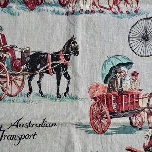 Vintage Early Australian Transport Kitchen Cloth Greetings from Gloucester N S W Gray Linen Piece Designed in Australia, by Ross. image 5