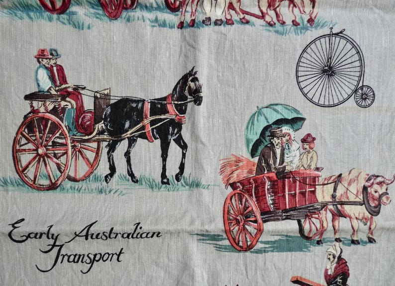 Vintage Early Australian Transport Kitchen Cloth Greetings from Gloucester N S W Gray Linen Piece Designed in Australia, by Ross. image 5