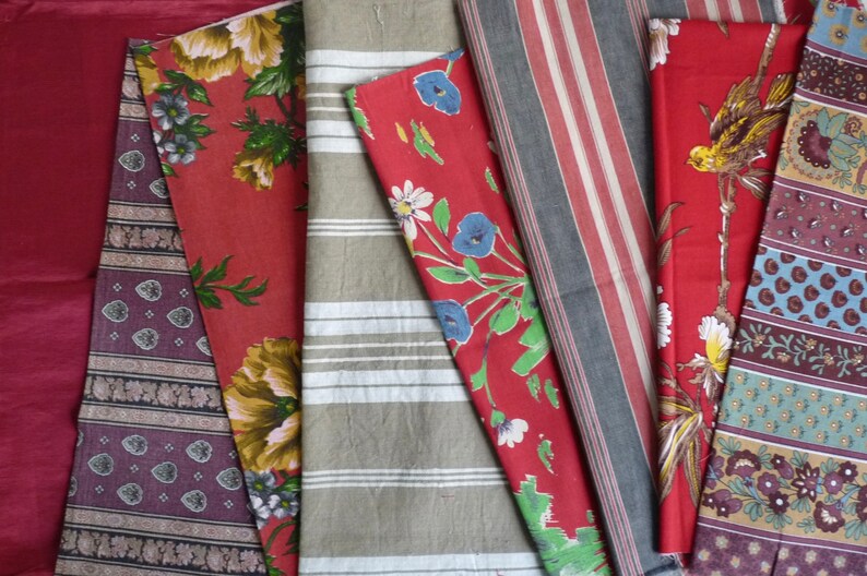 Beige and Brown Covers 1.9 m2. Set 27G: Vintage French Fabric Bundle 8 Different Pieces in Shades of Wine Red
