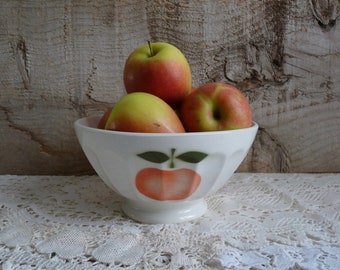 Vintage French, EXTRA LARGE, Breakfast Bowl. Ceramic Bowl with Apple Pattern. Big Coffee Bowl.