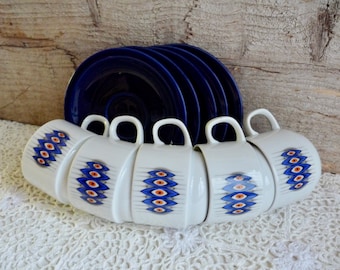 Vintage Set of 5 White/ Cobalt Blue Porcelain, Espresso Cup and Saucers. Modernist, Abstract Pattern. Stamped Bavaria Germany.