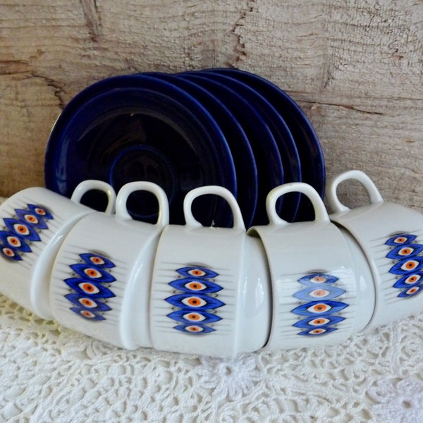 Vintage Set of 5 White/ Cobalt Blue Porcelain, Espresso Cup and Saucers. Modernist, Abstract Pattern. Stamped Bavaria Germany.