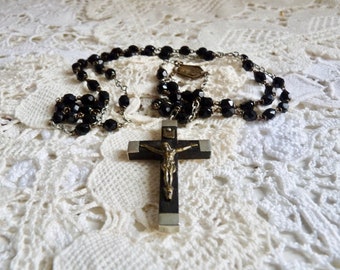 Antique French Rosary, Lourdes Chapelet with with Ebony Wood Cross and Black Glass Beads. 1940s. Long 47cm or 18.5 ".