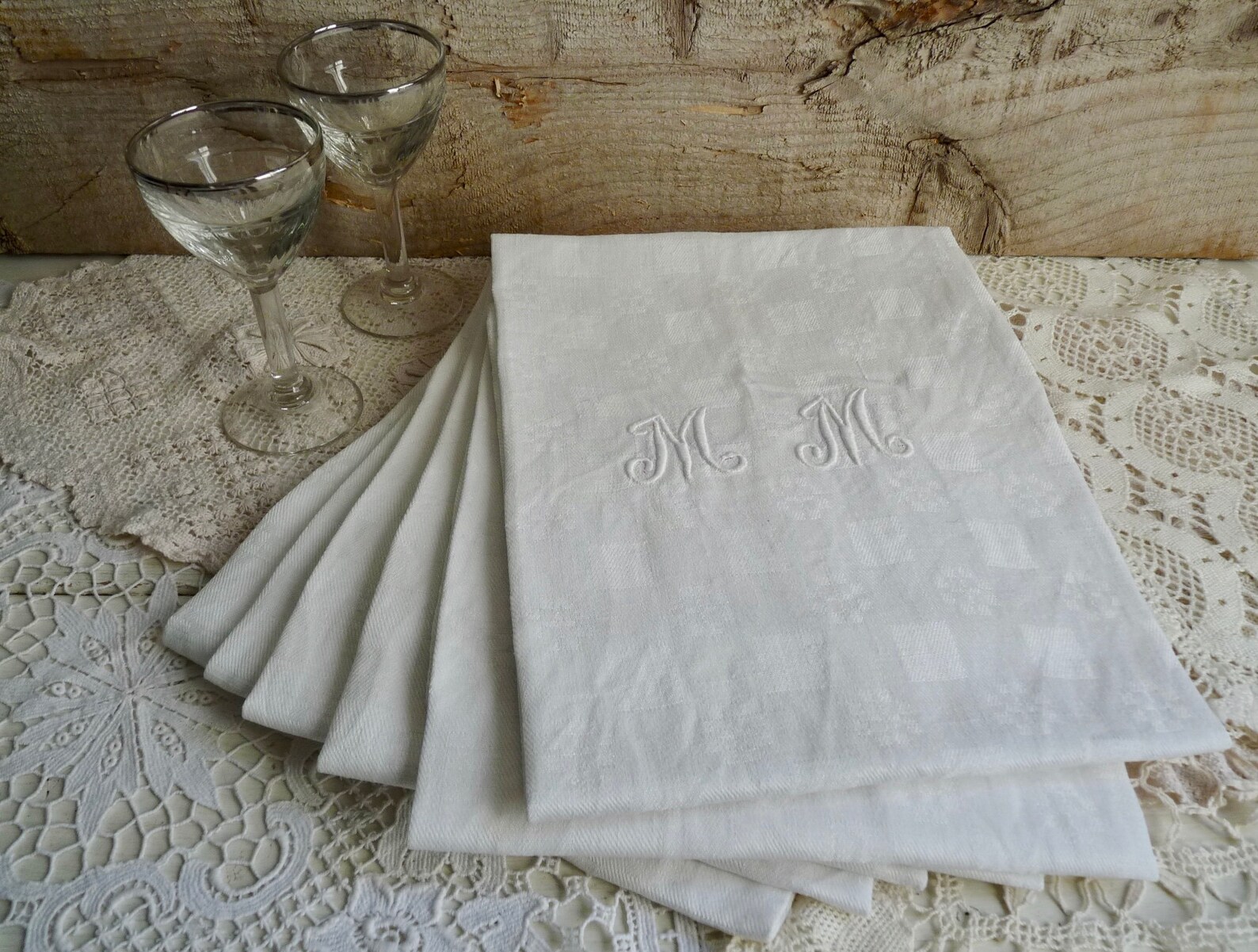 Set of 6 Vintage French Damask Napkins Monogram MM. Ivory Etsy