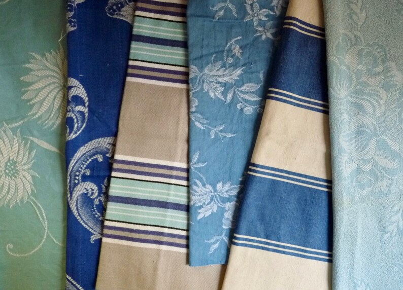 Set 38R: 6 Pieces Covers 0.80 m2. 6 Different Pieces Vintage French Damask and Striped Ticking Bundle in Shades of Blue