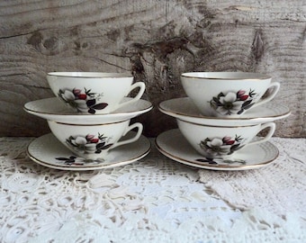 Vintage Set of 4 Digoin & Sarreguemines Small Cup and Saucers, Cream Colored Ceramic Cups with Floral Rose Hip Pattern. 1930s.