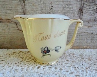 Vintage Creamer " Nous Deux ", Pastel Yellow, Ceramic Milk Jug with Floral Pattern, White Border and Gilded Rims. Stamped Ceranord.