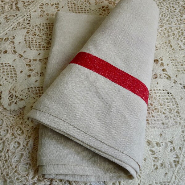 1 Vintage French, Red Striped Linen Tea Towel. Soft Dishcloth with One Red Stripe on Both Sides Over the Length. 2 Towels Available.