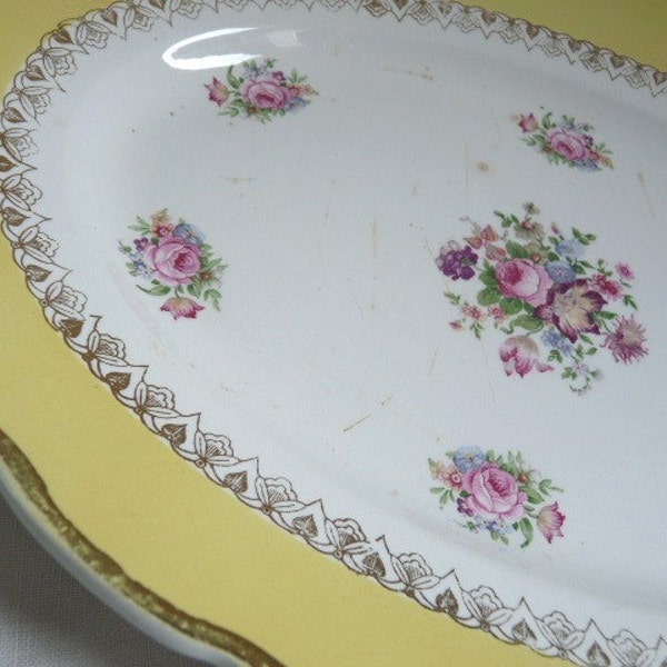Antique PORCELAIN OVAL PLATE, stamped and numbered in Digoin Sarreguemines. French antique dinnerware.
