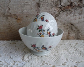 3 Vintage French, Porcelain Bowls, White Sarreguemines Bowls with Exotic Bird Design. Café au Lait Bowls,