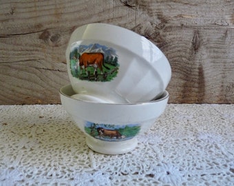 2 Vintage French, Ceramic Breakfast Bowls, Digoin Sarreguemines Bowl with Cow Pattern. Childrens Bowls, Hot Chocolat Bowls.