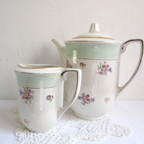 Vintage PORCELAIN TEAPOT with PITCHER, stamped and numbered, Sarreguemines, Porcelaine Opaque.