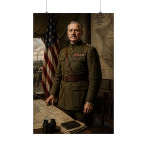 May include: A portrait of a military officer in an olive drab uniform with a brown leather belt and strap, standing before an American flag and a map labeled American Expeditionary Forces France 1918. Binoculars and documents rest on the table.