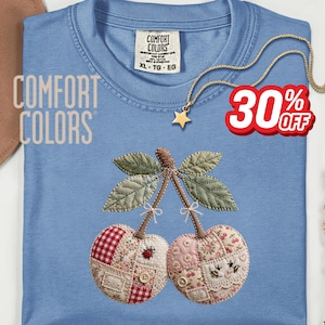 Patchwork Cherry Shirt, Cottagecore Embroidered Look Unisex Youth Fruit Apparel