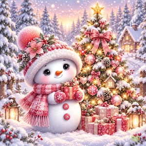 May include: A white snowman wearing a pink knit hat with a large pom-pom, a matching plaid scarf, and pink mittens, holding a small red gift box. Beside the snowman is a decorated Christmas tree with lights, ornaments, and gifts.