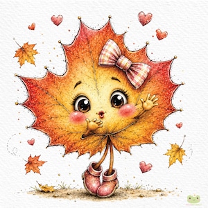 Peut inclure: Une illustration de dessin animé représentant une feuille d'érable anthropomorphe avec un visage, portant un nœud à carreaux et des bottes roses. La feuille est orange et jaune avec de grands yeux, des joues roses et une petite bouche.