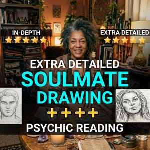 Può includere: Una grafica digitale con il testo IN-DEPTH, EXTRA DETAILED, EXTRA DETAILED SOULMATE DRAWING e PSYCHIC READING. L'immagine include due schizzi a matita in bianco e nero di volti, uno maschile e uno femminile, su uno sfondo di una persona.