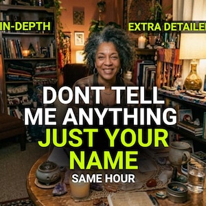 May include: A person with gray curly hair sits at a round wooden table covered with crystals, a small incense burner, and a glass of water. The text overlay reads IN-DEPTH, EXTRA DETAILED, DONT TELL ME ANYTHING JUST YOUR NAME, and SAME HOUR.
