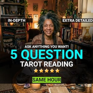 Puede incluir: Un anuncio digital para un servicio de lectura de tarot de 5 preguntas con el texto IN-DEPTH, EXTRA DETAILED, ASK ANYTHING YOU WANT!, 5 QUESTION TAROT READING, cinco estrellas amarillas y SAME HOUR. La imagen muestra a una persona en una habitación.