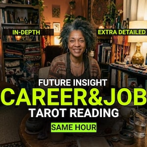 May include: A person with gray curly hair sits in a room with bookshelves, featuring text overlays that read IN-DEPTH, EXTRA DETAILED, FUTURE INSIGHT, CAREER&JOB, TAROT READING, and SAME HOUR in bright yellow and white against a dark background.