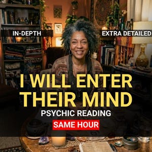 May include: A person with grey curly hair sits at a round wooden table with crystals and a candle. Text overlays read: IN-DEPTH, EXTRA DETAILED, I WILL ENTER THEIR MIND, PSYCHIC READING, SAME HOUR. The background features bookshelves and a lamp.