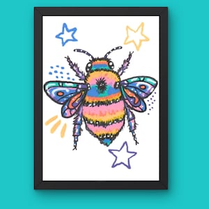 May include: A framed art print featuring a colorful, stylized bee with rainbow-striped body segments in pink, orange, and yellow. The bee has detailed blue and purple wings, surrounded by hand-drawn yellow and blue stars and small dots.