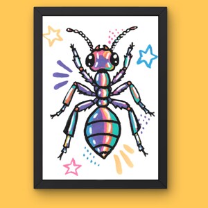 May include: A framed art print featuring a central illustration of an ant with a metallic, iridescent finish in shades of purple, blue, and green. The ant is surrounded by small, colorful hand-drawn stars and abstract dot patterns on a white background.