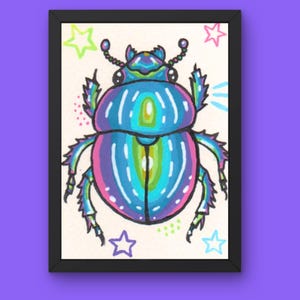 May include: A framed illustration of a beetle with a vibrant, iridescent color palette of blue, purple, and green. The insect is centered on a light background, surrounded by small hand-drawn stars in neon green, pink, purple, and light blue colors.