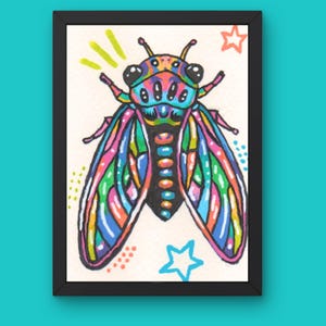 May include: A framed art print featuring a vibrant, multi-colored cicada illustration. The insect is rendered in bright shades of pink, blue, green, and yellow with bold black outlines. The background includes small hand-drawn stars and dots.