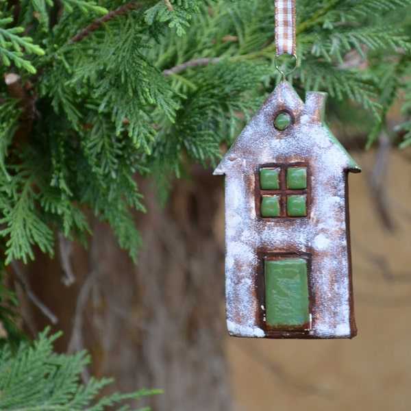 Reserved listing - Christmas tree branch ornament, rustic clay house, holidays decoration