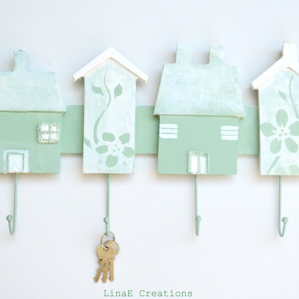 Hand painted mint houses, wall key holder, scarf , hat, wood rack, fall winter home decor