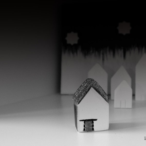 Minimal black white silver miniature clay house, spring summer home decoration