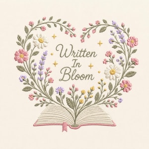 Diseño de bordado a máquina de libro floral con flores escritas