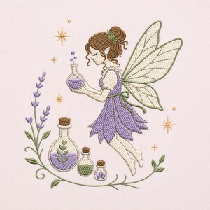 Lavender Fairy Potion Embroidery Design Magical Alchemy Floral Garden Winged Sprite Machine Stitch