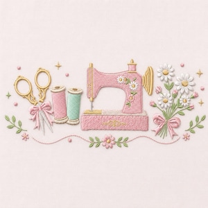 Sewing Machine Embroidery Design Vintage Floral Scissors Thread Daisy Tailor Craft Pattern