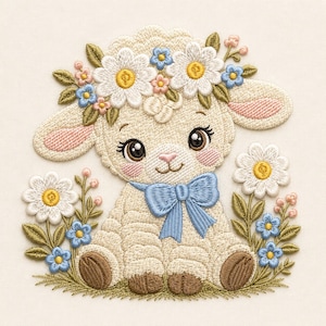 May include: An embroidery design of a cream-colored lamb sitting among flowers. The lamb wears a blue bow and a crown of white daisies, blue forget-me-nots, and pink buds. The lamb has large brown eyes, pink cheeks, and brown hooves.