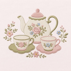 Tea Set Floral Embroidery Design Vintage Pot Cups Rose Machine Stitch File