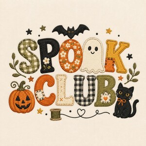 Archivo de bordado a máquina de Halloween "Club espeluznante": calabaza, fantasma, gato, murciélago (descarga digital)