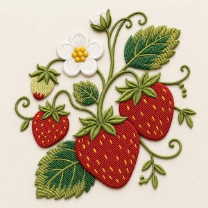 May include: An embroidered patch featuring three red strawberries with yellow seeds, a small pale green strawberry, a white five-petaled flower with a yellow center, and several dark green serrated leaves connected by thin green stems.