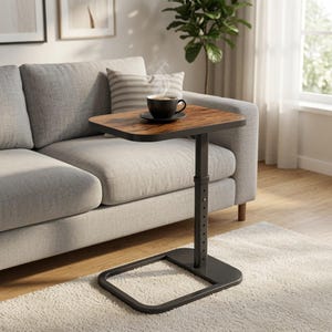 May include: A height-adjustable side table with a rectangular, dark wood-grain surface and a black metal frame. The table features a C-shaped base and a central support column with visible adjustment holes, topped with a black ceramic coffee mug.