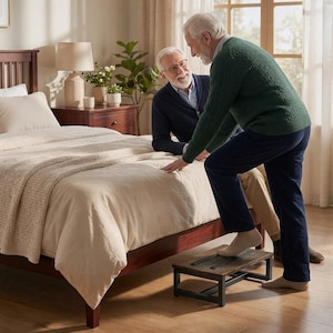 May include: A rectangular wooden step stool with a dark brown finish and a black metal frame. The stool features two non-slip black rubber strips on its top surface and is positioned on a wooden floor to assist with reaching a bed.