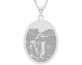 Rocky Mountain National Park Engraved Oval Pendant | Dream Lake Nature landscape necklace