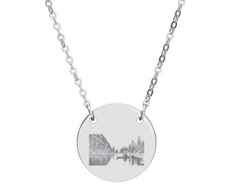 Rocky Mountain National Park Engraved Circle Photo Necklace | Round Engraving Pendant Gem Lake