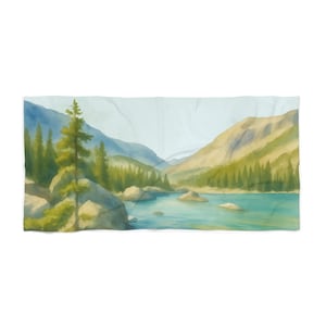 Rocky Mountain National Park Watercolor Landscape Beach Towel | Dream Lake Scenic Nature Watercolor