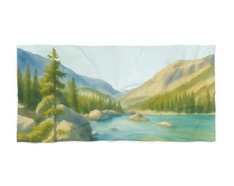 Rocky Mountain National Park Watercolor Landscape Beach Towel | Dream Lake Scenic Nature Watercolor