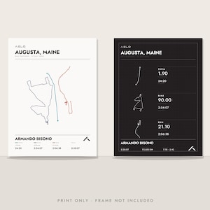May include: Two rectangular posters featuring Augusta, Maine triathlon data for Armando Bisono. One poster is white with colored route lines, the other is black with white route icons and performance statistics for swim, bike, and run segments.
