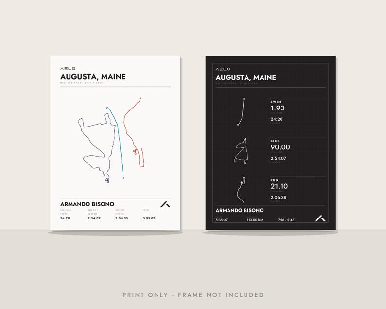 May include: Two rectangular posters featuring Augusta, Maine triathlon data for Armando Bisono. One poster is white with colored route lines, the other is black with white route icons and performance statistics for swim, bike, and run segments.